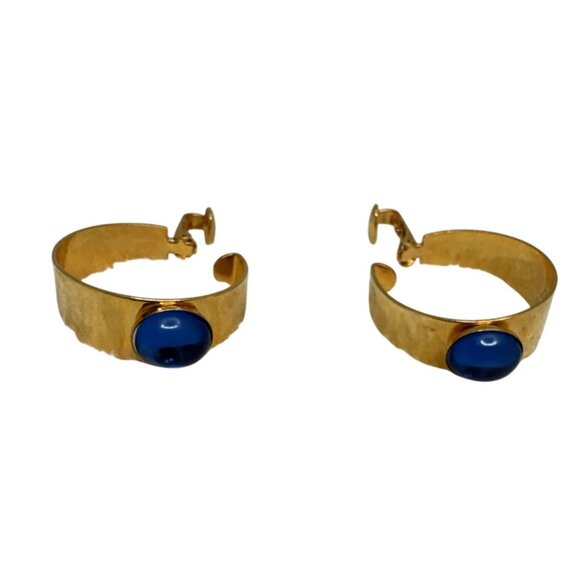 Vintage Gold Hoop Clip-On Earrings With Blue Cabochon Stones - Picture 1 of 4